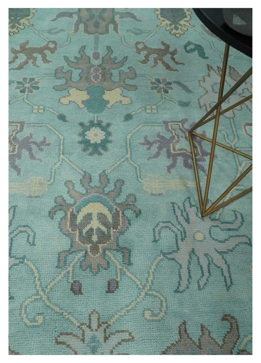 Oriental 8x10 Hand Knotted Aqua and Silver Oushak traditional Wool Area Rug