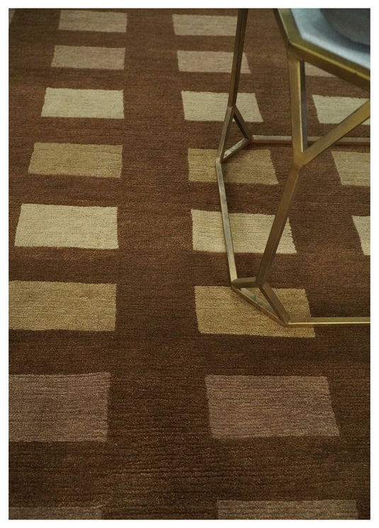 Modern Geometrical Pattern Hand Knotted Brown, Beige and Ivory 4x6 ft Bedroom, Living Room Rug Wool and Art Silk Area Rug