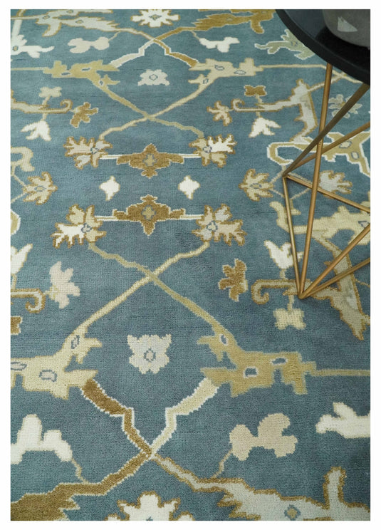 8x10 Blue, Ivory and Beige Hand Knotted Oriental Oushak Wool Area Rug