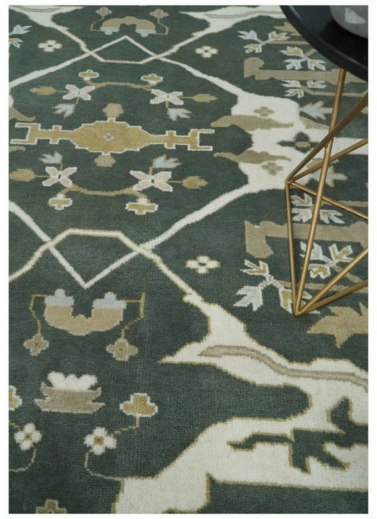 Hand Knotted Oriental Oushak Rug Green, Ivory and Beige Multi Size Ideal for Living, Bedroom, and Dining Room