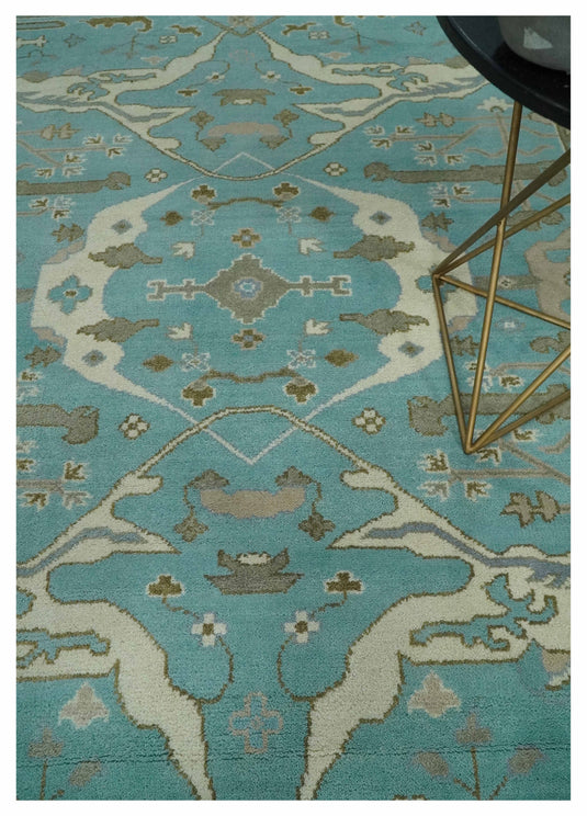 8x10 Aqua, Ivory and Charcoal Hand Knotted Oriental Oushak Wool Area Rug