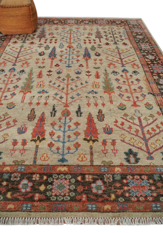 Custom Made Traditional Light Beige, Brown, Olive And Rust Tree Of Life Hand Knotted Oushak Wool Area Rug