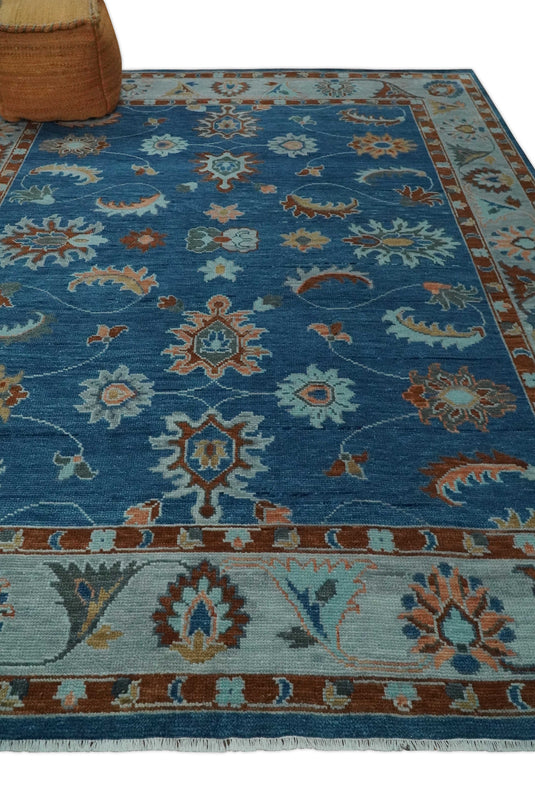 Custom Made Traditional Floral Oushak Hand Knotted Blue, Gray, Silver, Maroon And Peach Wool Area Rug