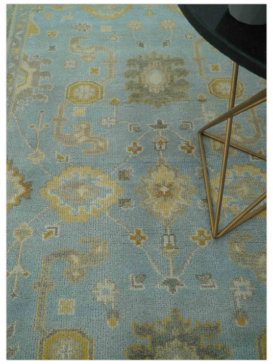Custom Made Hand Knotted Traditional Oushak Blue, Beige, Gray And Gold Wool Area Rug