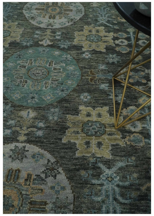 Hand Knotted Oushak Rug Charcoal, Aqua and Beige Multi Size Ideal for Living, Bedroom, and Dining Rooms |CP1713