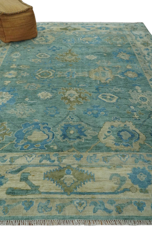 Hand Knotted Oushak Rug Blue, Beige and Green Multi Size Ideal for Living, Bedroom, and Dining Room