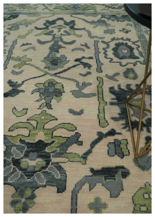 Hand Knotted Oriental Oushak Rug Camel, Charcoal and Green Multi Size Ideal for Living, Bedroom, and Dining Room