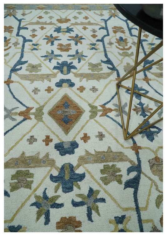 Custom Made Traditional Pattern Brown, Blue, Silver, And Ivory Hand Tufted Wool Area Rug