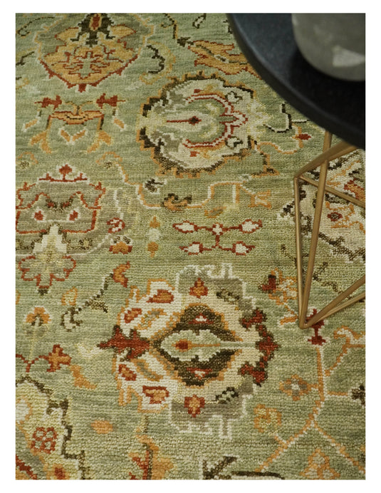 Traditional Vintage Persian Hand Knotted Oushak Rug Green and beige Multi Size Ideal for Living, Bedroom, and Dining Rooms | CP618