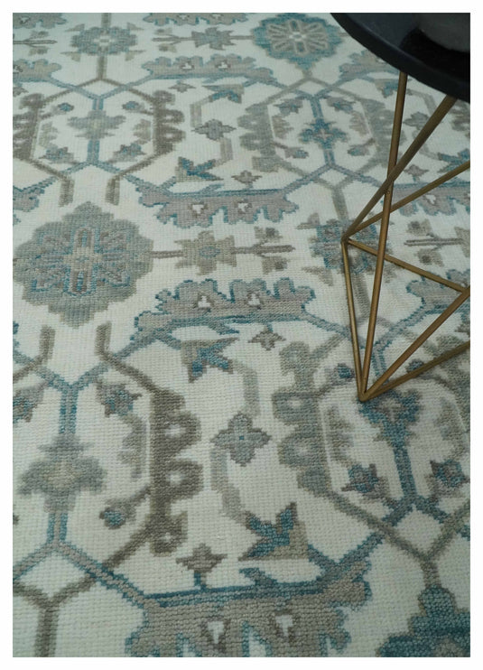 Traditional Oriental Oushak Hand knotted Ivory and Teal 8x10 ft Bedroom, Living Room Rug ,wool Area Rug