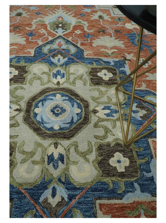 Custom Made Traditional Floral Beige, Blue, Green And Rust Hand Tufted Wool Area Rug