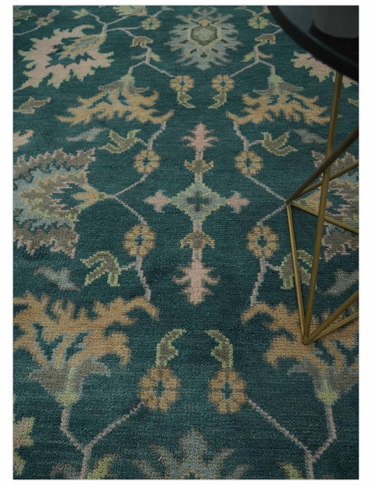 Custom Made Traditional Floral Teal, Light Peach And Gray Hand Knotted Wool Area Rug