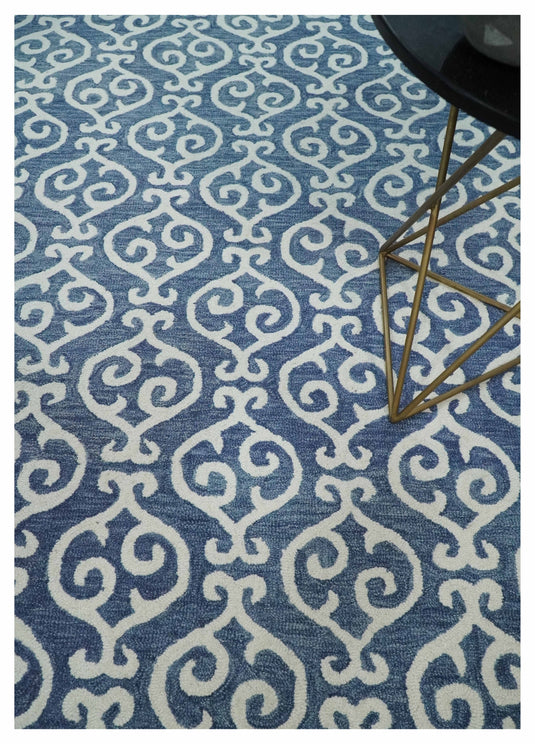 Custom Made Blue and Ivory Trellis Pattern Hand Tufted  Wool Area Rug