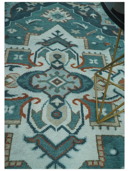 Traditional Pattern Blue, Teal And Rust Hand Knotted 8x10 ft wool Area Rug