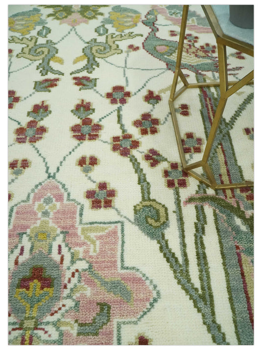 Maroon, Ivory, Green And Peach Antique Floral jungle Hand Knotted 8x10 ft Wool Rug, Living Room Rug