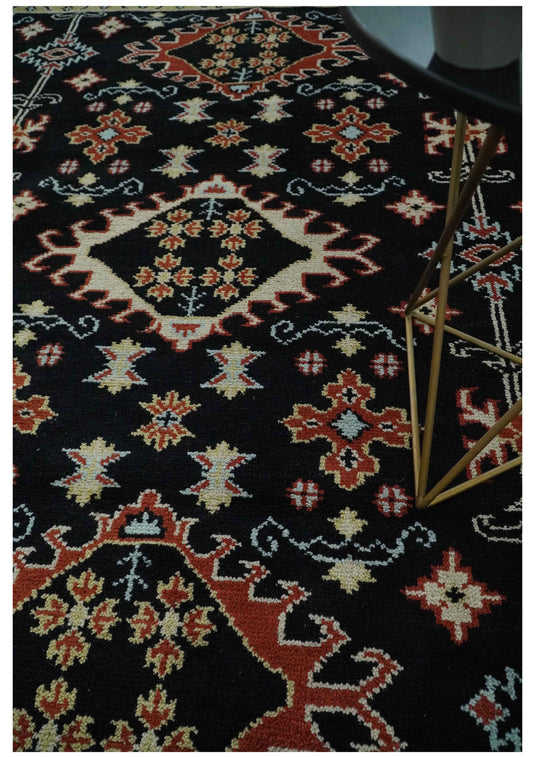 Traditional Tribal Pattern Black, Rust And Ivory Hand Knotted 8x10 ft wool Area Rug