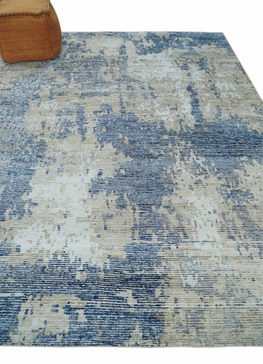 Modern Abstract Blue, Beige And Ivory Hand Knotted 8x10 ft Bedroom, Living Room Rug Bamboo Silk Area Rug