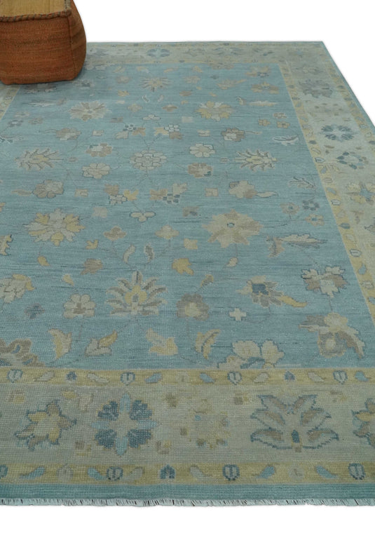 Custom Made Traditional Floral Hand Knotted Light Blue And Beige Wool Area Rug