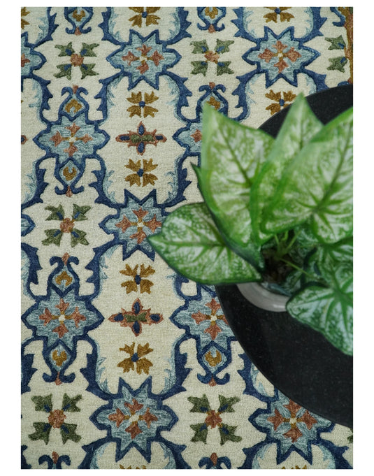 Custom Made Moroccan Trellis Ivory, Blue And Brown Hand Tufted Wool Area Rug