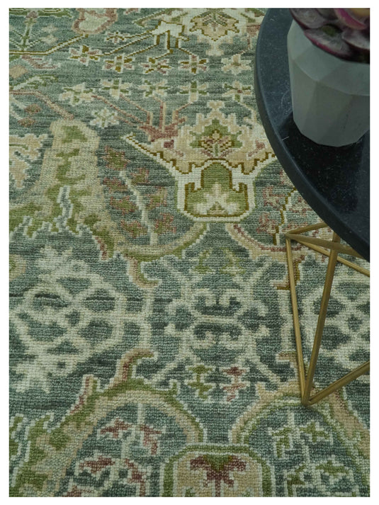 Custom Made Hand Knotted Gray And Green Traditional Oushak Wool Area Rug
