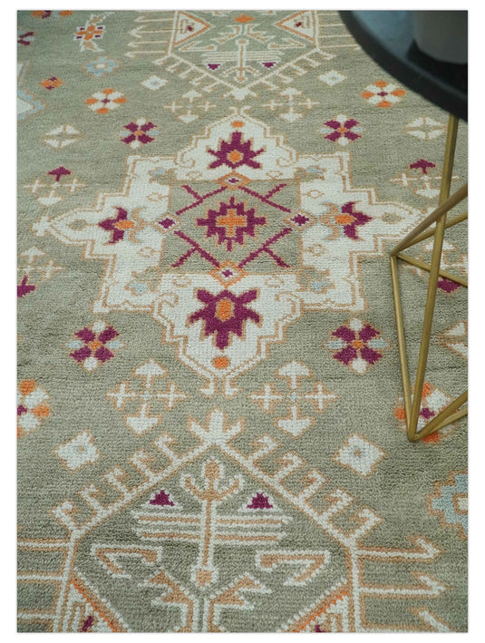 Custom Made Tribal Pattern Olive, Ivory and Pink Traditional Hand knotted  wool Area Rug