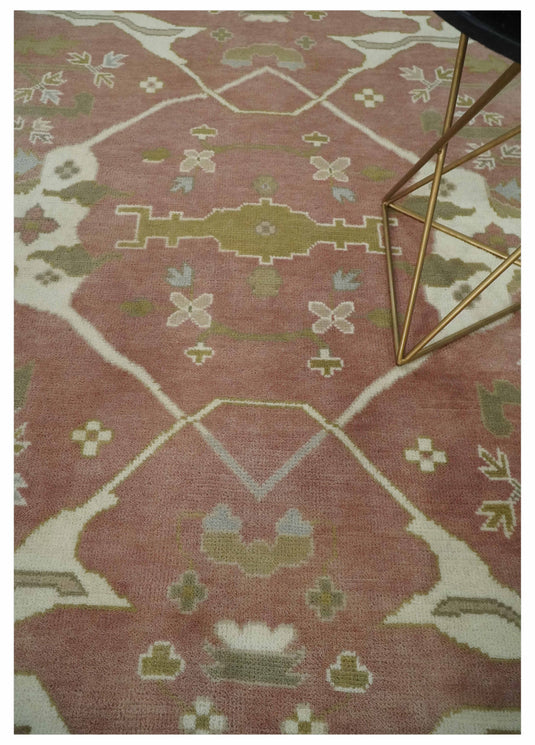 Vintage look Hand knotted Peach, Ivory and Olive 8x10 and 9x12 Oriental Oushak wool Area Rug