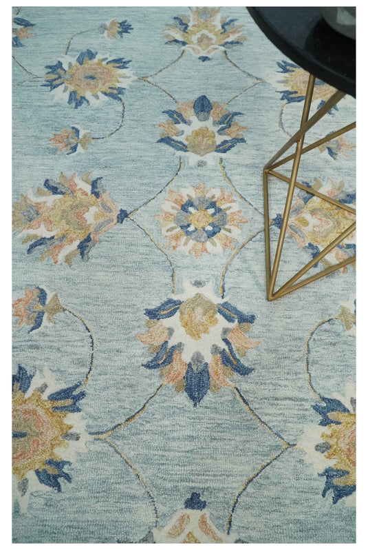 Custom Made Gray, Peach, Ivory And Blue Traditional Floral Hand Tufted Wool Area Rug