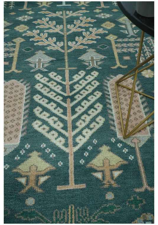 Tree Of Life Teal And Light Brown Hand Knotted 8x10 ft wool Area Rug