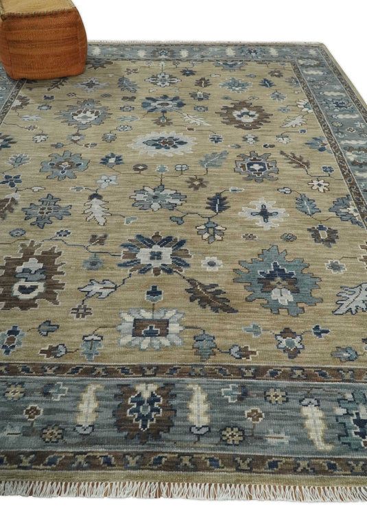 Traditional Floral Light Brown and Gray Hand Knotted Oushak 8x10 ft Bedroom, Living Room Rug Wool Area Rug