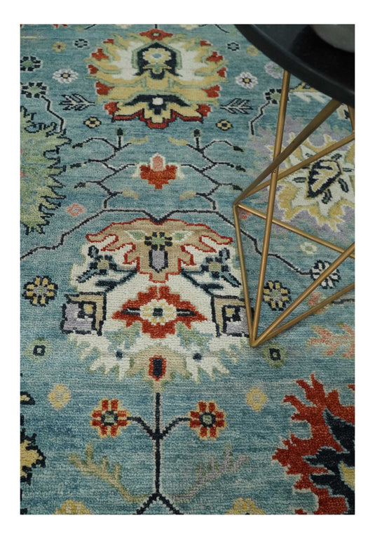 Vibrant Colorful Blue and Ivory Traditional Floral Hand knotted Oushak wool Area Rug