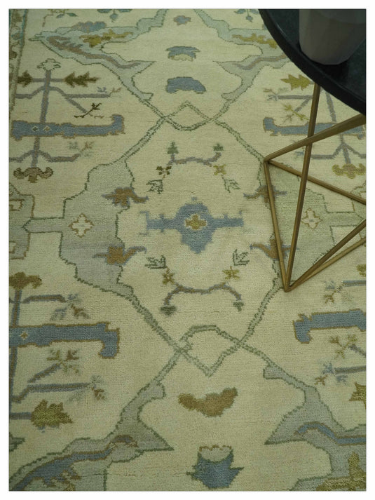Custom Made Hand Knotted Sage Green, Beige, Gray And Green Oriental Oushak Wool Area Rug