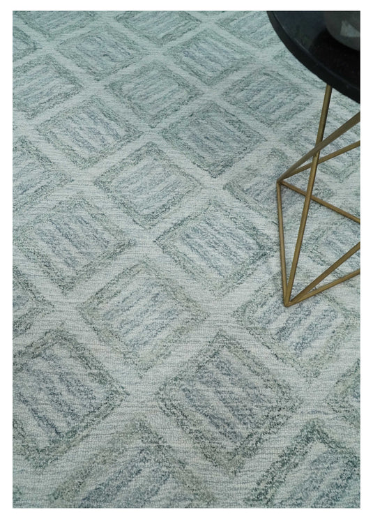 Custom Made Geometrical Trellis Pattern Silver And Gray Hand Tufted  Wool Area Rug