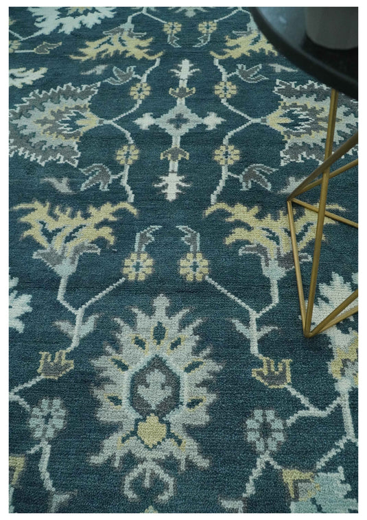 Custom Made Traditional Floral Pattern Dark Teal, Beige, Silver and Ivory Hand Knotted wool Area Rug