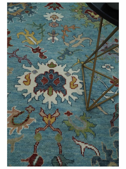 Vibrant Colorful Light Blue and Ivory Traditional Floral Hand knotted 9x12 Oushak wool Rug