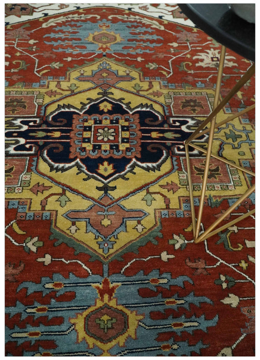 Traditional Premium look Heriz Serapi Hand knotted Blue, Rust and Ivory 8x10 ft Bedroom, Living Room Rug ,wool Area Rug