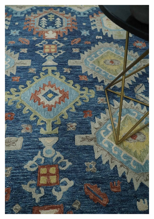 Custom Made Traditional Turkish Silver, Blue, Brown And Olive Hand Tufted Wool Area Rug