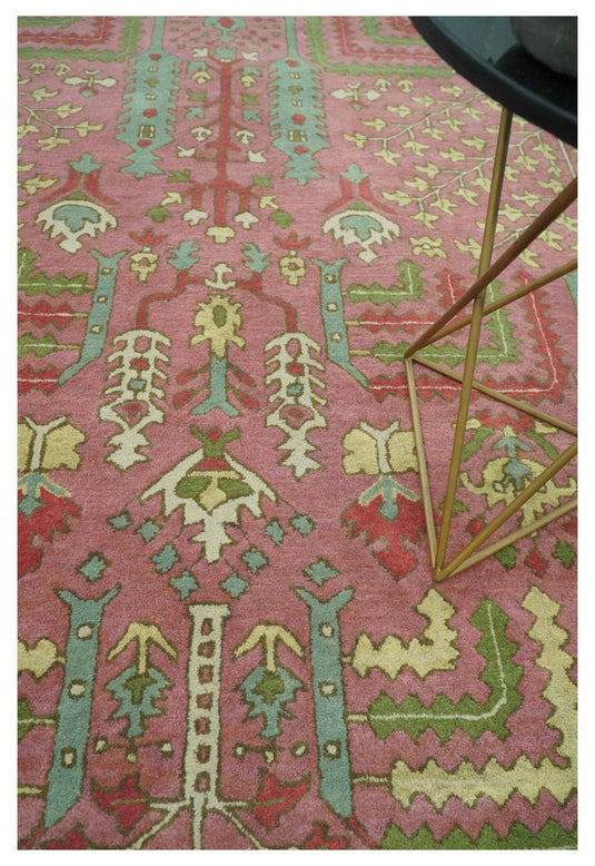 Tree Of Life Pink, Ivory And Green Hand Tufted 8x10 ft Bedroom, Living Room Rug Wool Area Rug