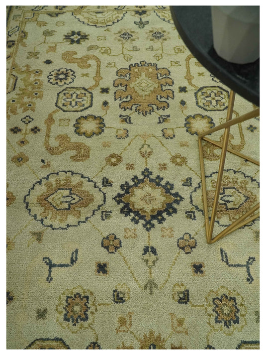 Custom Made Hand Knotted Cream, Beige And Charcoal Traditional Wool Area Rug