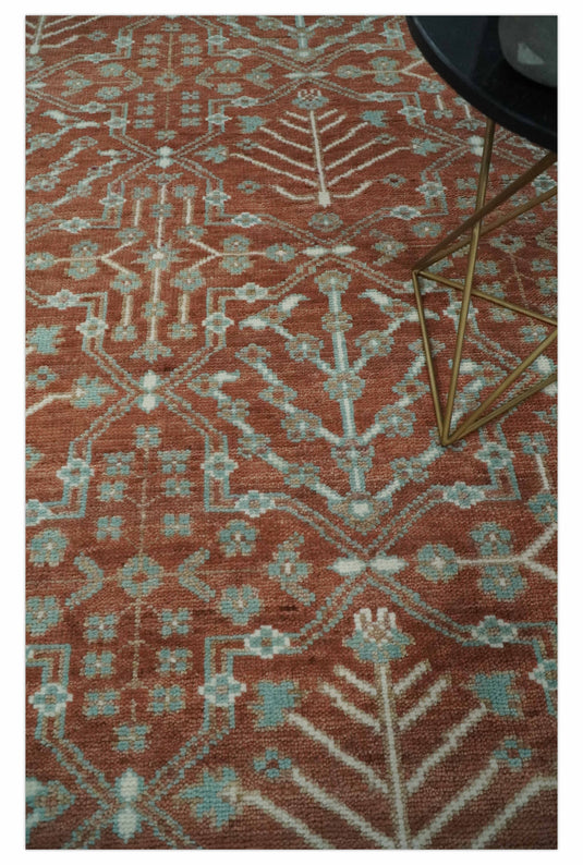 Turkish Floral Rust and Aqua Hand knotted Multi Size wool Area Rug