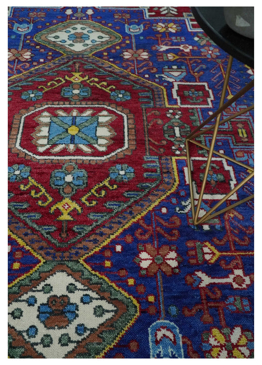 Hand knotted Maroon, Electric Blue and Ivory Multi Size Traditional Heriz Serapi wool area rug | CP1318