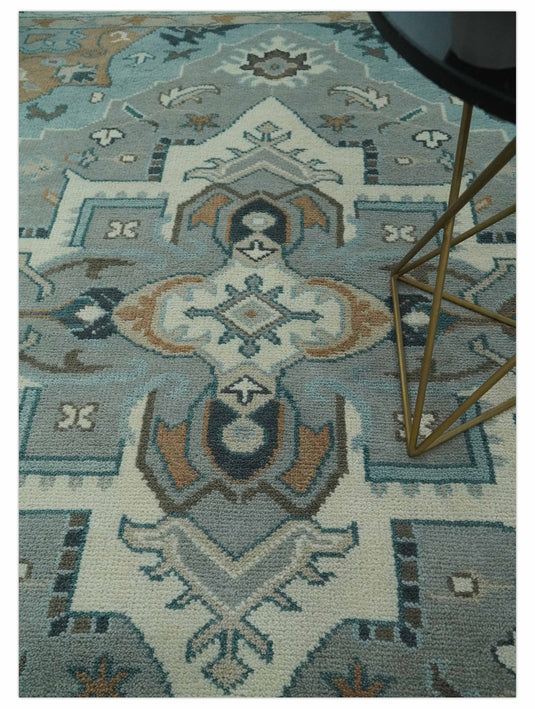 Custom Made Traditional Heriz Gray, Beige And Ivory Hand Knotted Wool Area Rug