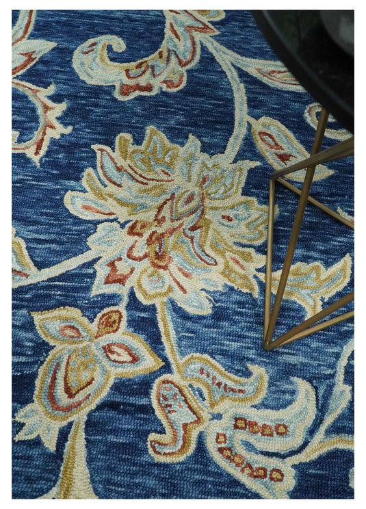 Custom Made Floral Blue, Beige, Rust And Olive Hand Tufted  Wool Area Rug