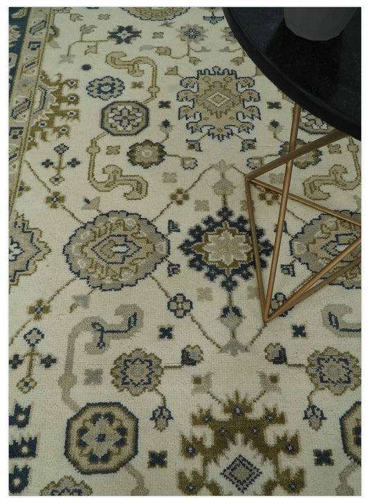 Custom Made Hand Knotted Ivory,Charcoal and Olive Oriental Oushak Rug Wool Area Rug