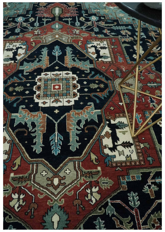 Brown, Black, Ivory and Blue Hand knotted 9x12 Traditional Heriz wool area Rug