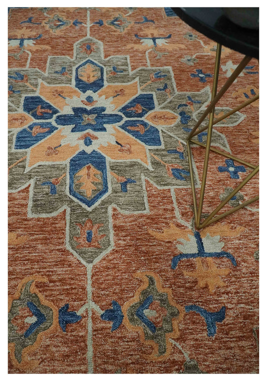 Custom Made Medallion Floral Blue, Silver, Ivory And Dark Peach Hand Tufted Wool Area Rug