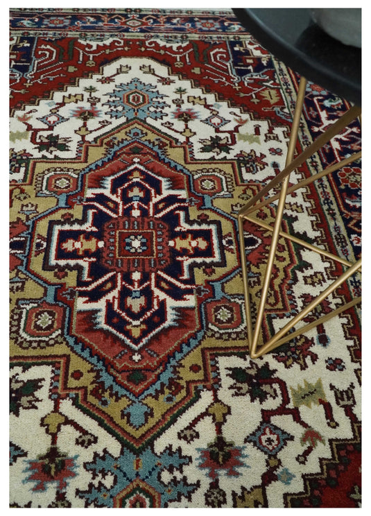 Hand Knotted Heriz Serapi Rug Ivory, Rust and Navy Blue 5x8 ft Ideal for Living, Bedroom, and Dining Rooms | CP189458S