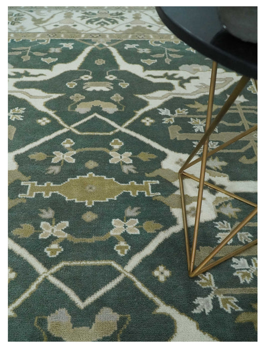 Hand Knotted Oriental Oushak Rug Green, Ivory and Olive Multi Size Ideal for Living, Bedroom, and Dining Room