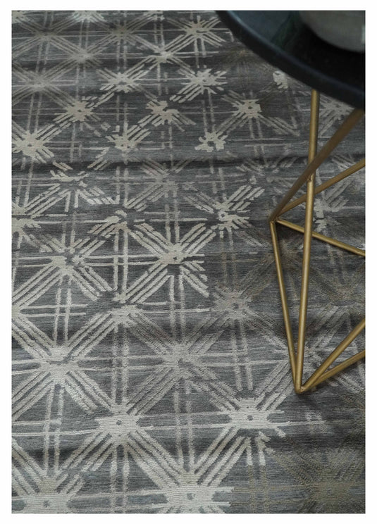 Modern Geometrical Hand knotted Gray, Charcoal and Beige 6x9 ft Bedroom, Living Room Rug Viscose Area Rug