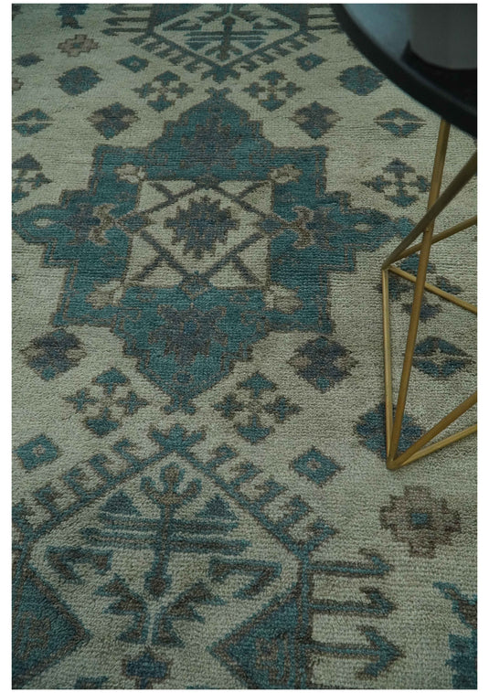 Tribal Pattern Teal, Ivory and Charcoal Traditional Hand Knotted 8x10 ft wool Area Rug