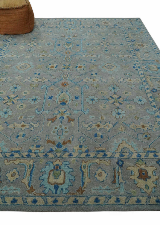 Custom Made Traditional Floral Gray, Blue, Aqua, Beige And Ivory Hand Knotted Wool Area Rug